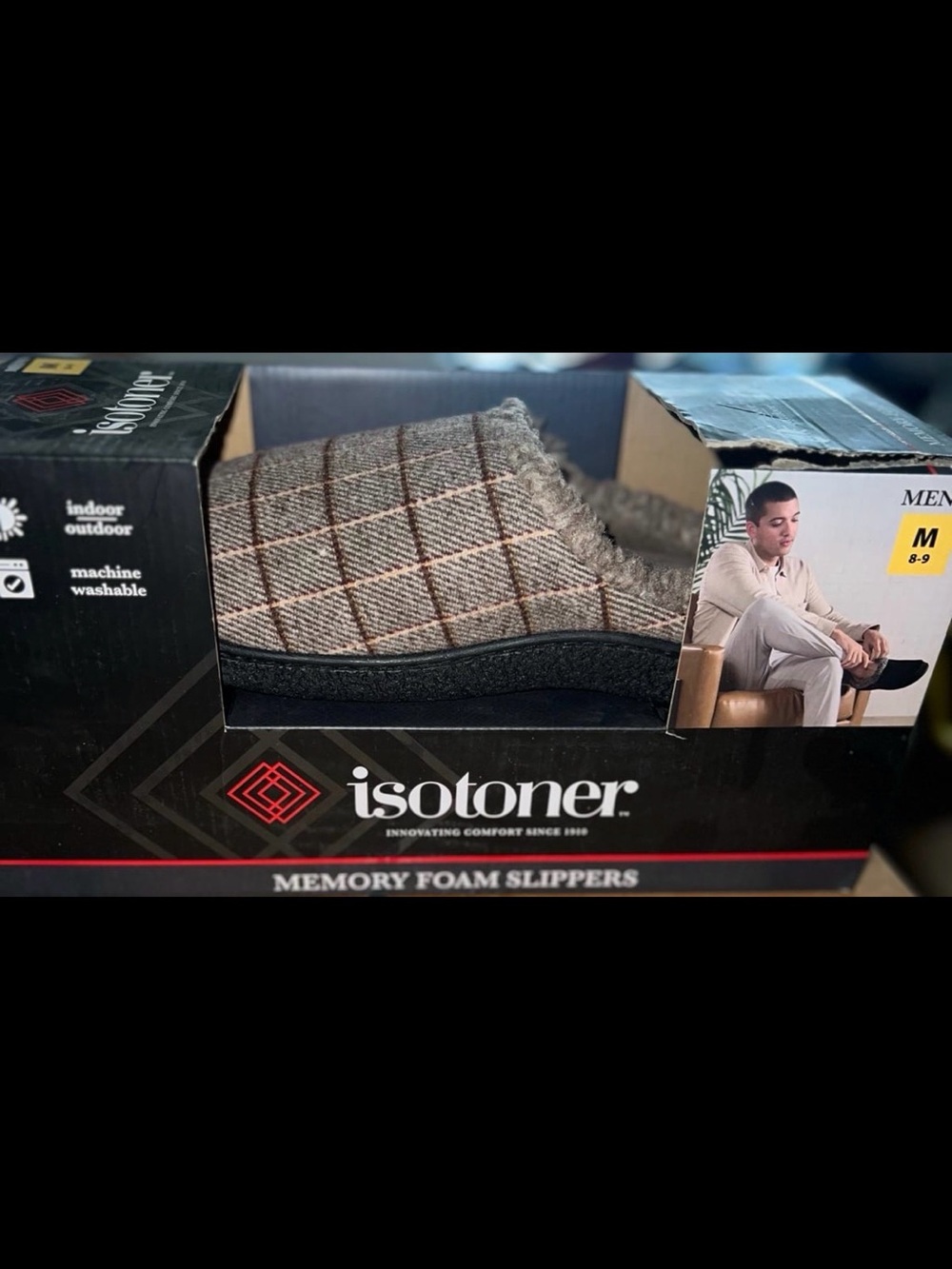 isotoner Men's Plaid Slip-On Slippers in Brown and Tan Size M (8-9)